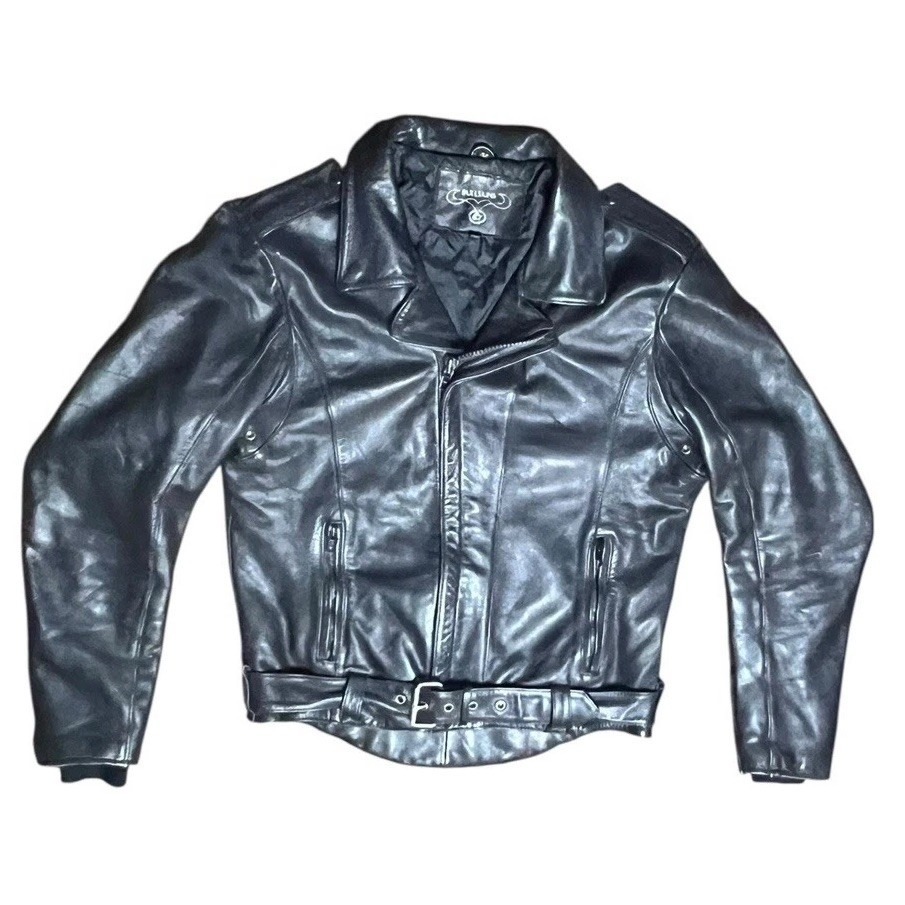Vintage Bullskin Traditional Black Leather Belted Motorcycle Quilted Jacket 44
